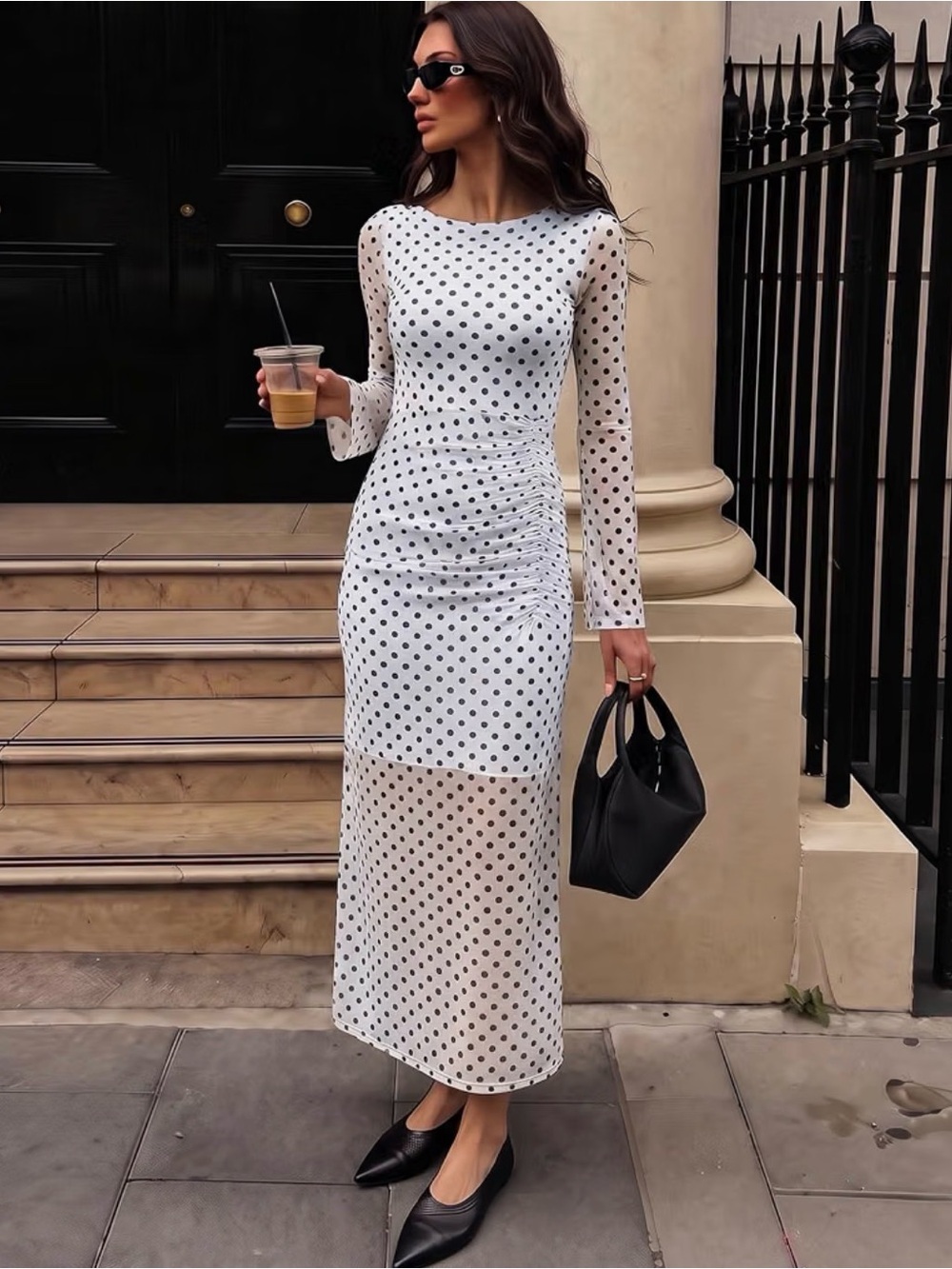 White Polka Dot Long Sleeve Maxi Dress